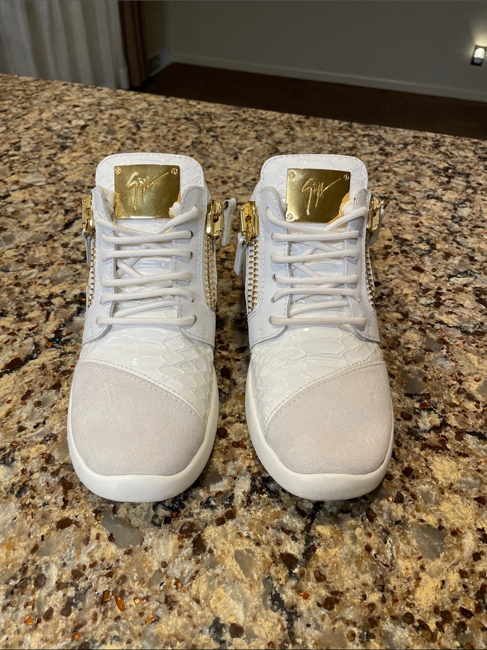 Giuseppe Zanotti White and Gold High-Top Sneakers